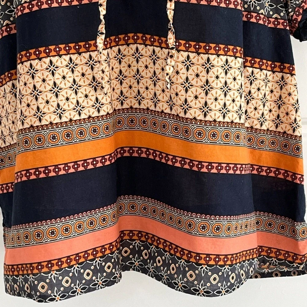 LOFT 'Foulard' Tie Neck Puff Sleeve Top Mixed Bohemian Print Cotton Size MP
